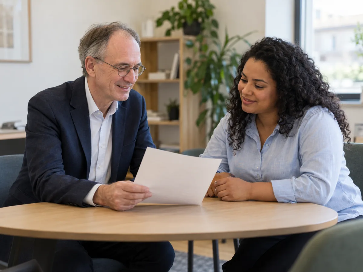 A candidate talks with an adviser. Illustrative image of Eurostaffing's support.