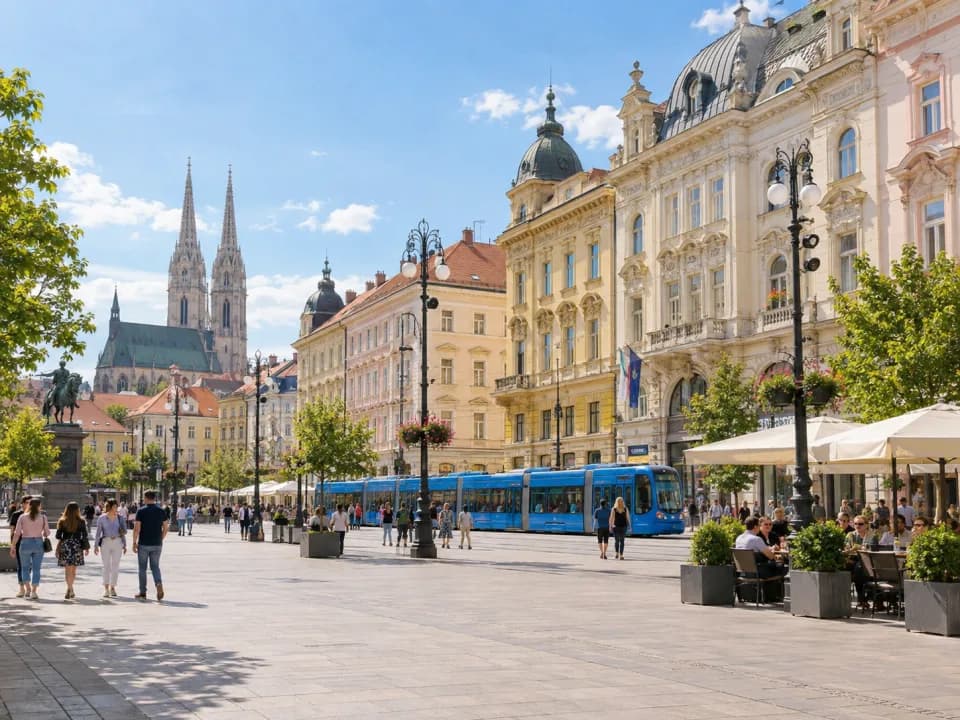 A European city square with a blue tram and historic buildings. Illustrative scene.