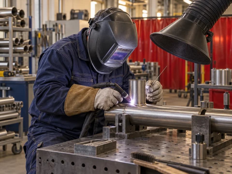 TIG welder working on a steel joint with protective gear. Illustrative image.